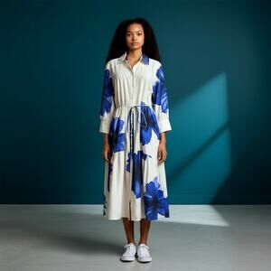 ZARA Blue Floral Maxi Shirt Dress Women's Large 100% Cotton Button Front NWT